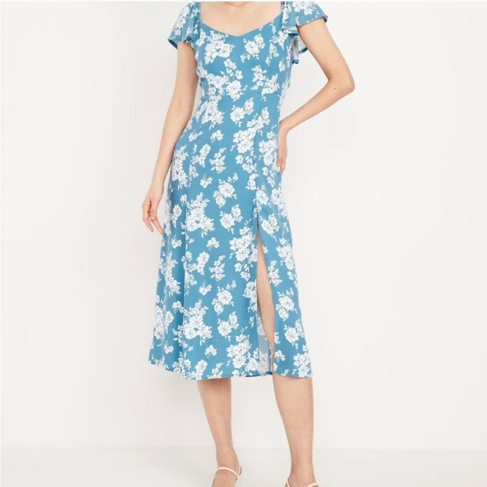 Old Navy Dress Size M Midi Floral Blue Cottage Core Slit Off Shoulder Summer